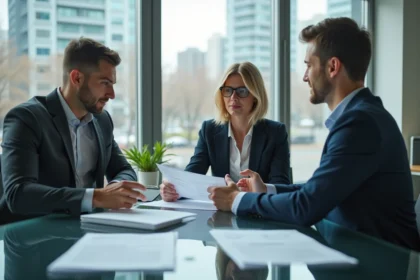 Groupe de professionnels autour d'une table dans un bureau moderne