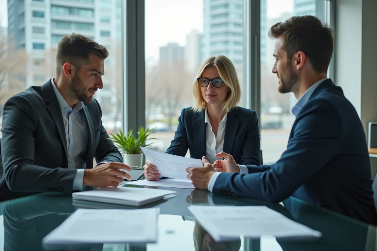 Groupe de professionnels autour d'une table dans un bureau moderne