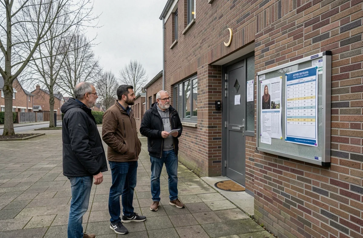 Groupe d'hommes musulmans consultant le tableau des horaires de prière affiché à l'entrée d'une mosquée à Athis-Mons