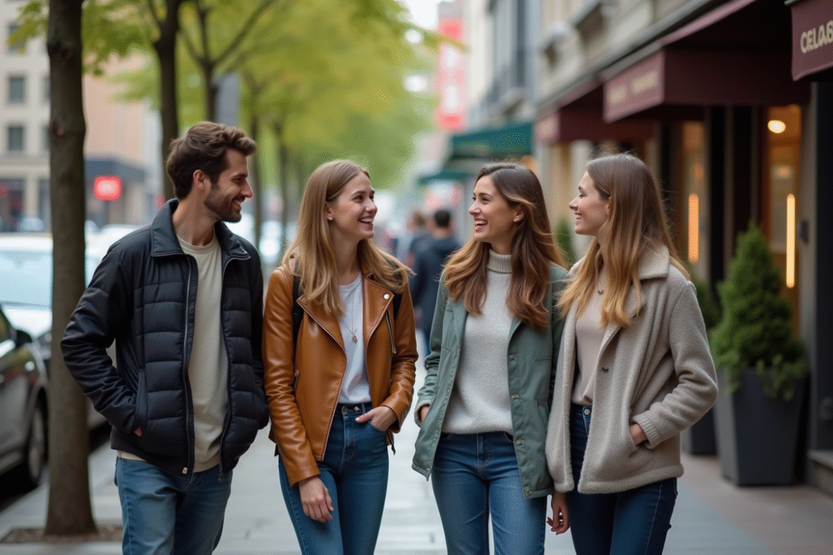 Groupe d'adultes et adolescents discutant en ville