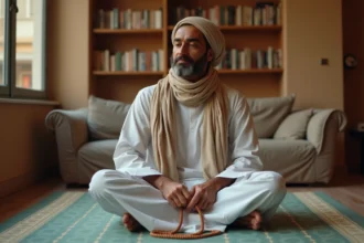 Homme en tenue traditionnelle blanche priant sur un tapis de prière à Toulouse, tenant un chapelet en bois dans un intérieur chaleureux