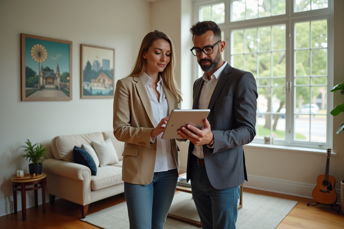Femme propriétaire discutant avec expert immobilier dans salon