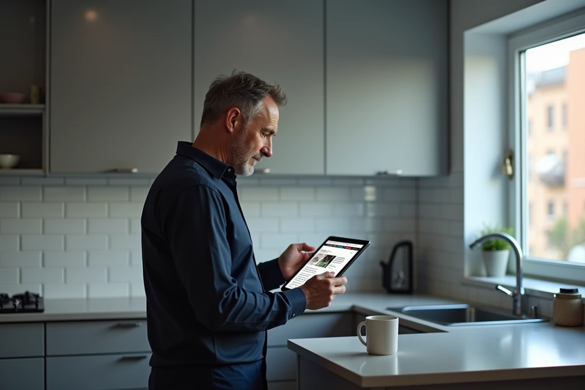Homme lisant les actualités sur une tablette dans une cuisine moderne, site d'information en ligne