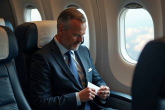 Homme d'affaires discret glissant une enveloppe dans sa veste en avion