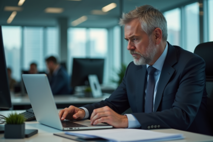 Homme d'affaires inquiet lisant une notice sur son ordinateur