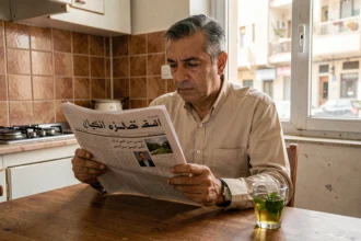 Un homme algérien d'âge mûr lisant un journal arabophone imprimé à la table de sa cuisine à Alger