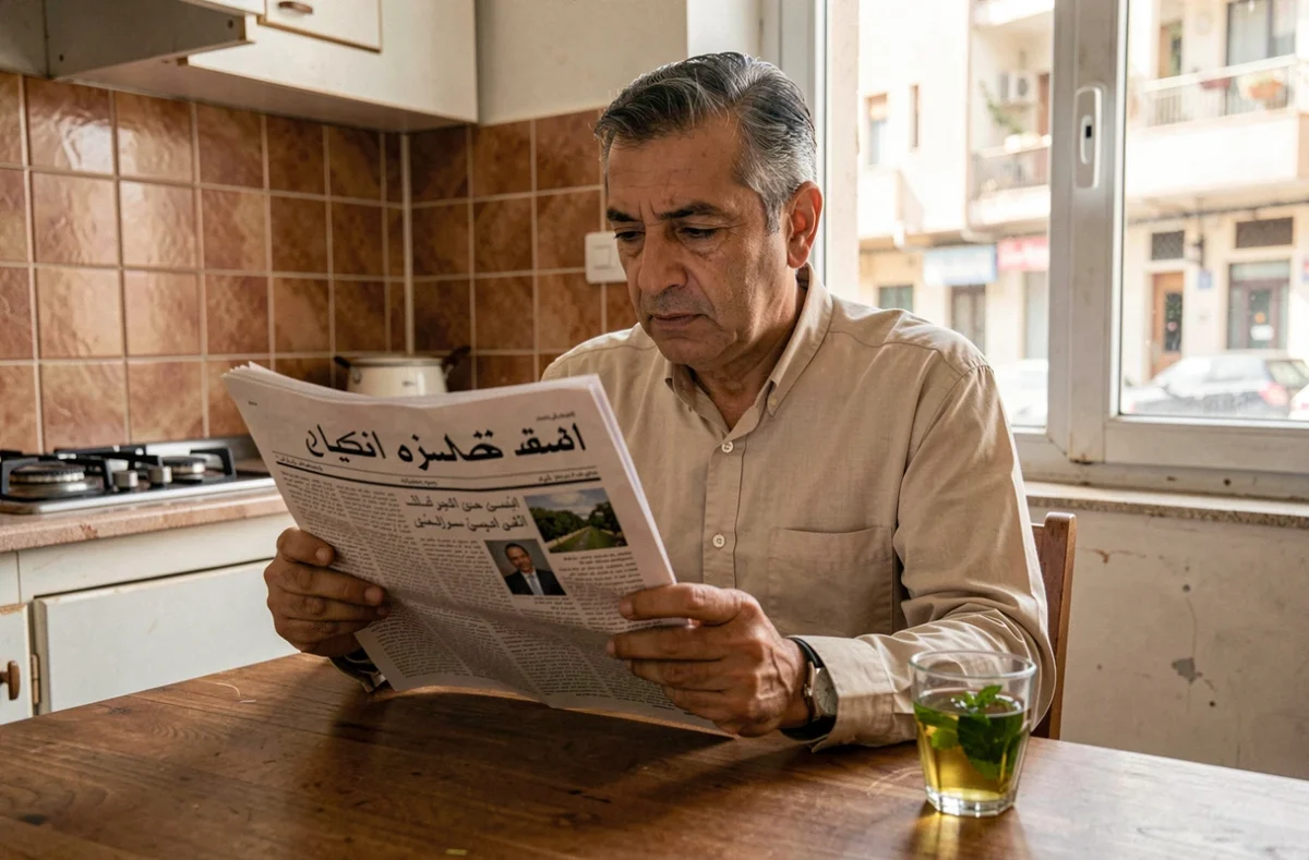 Un homme algérien d'âge mûr lisant un journal arabophone imprimé à la table de sa cuisine à Alger
