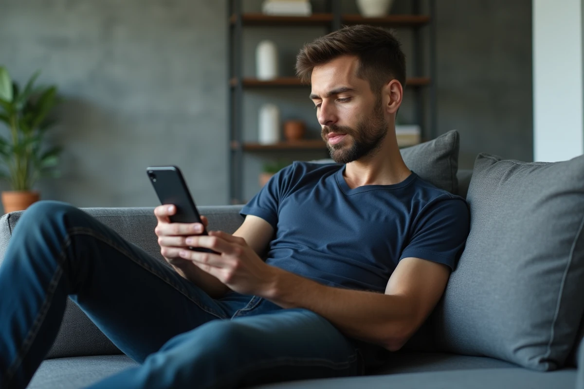 Homme consultant une application de recherche de vidéos sur smartphone dans un salon moderne