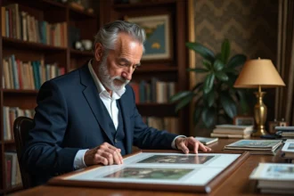 Homme d'âge moyen examinant une impression d'art dans un bureau