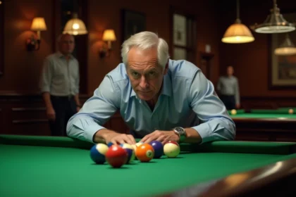 Homme réfléchissant au-dessus d'un billard avec des billes colorées sur le tapis vert