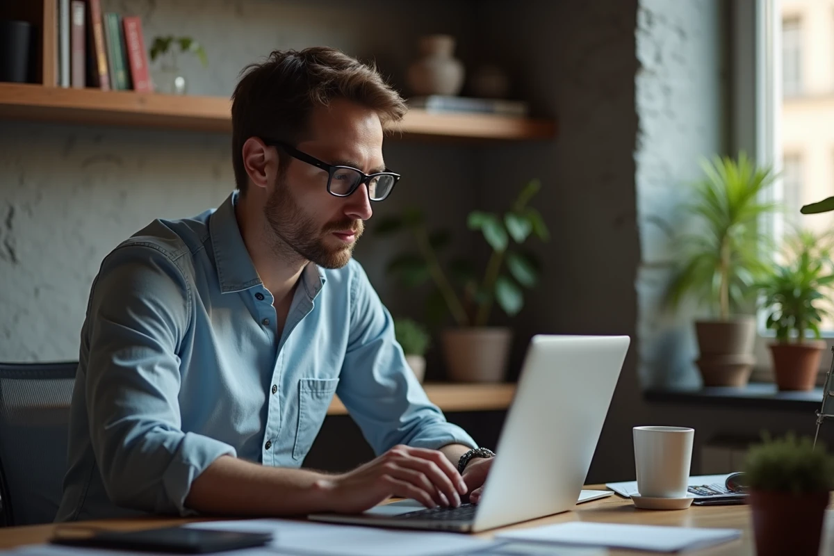 Homme travaillant sur un ordinateur dans un bureau cosy avec des livres et gadgets