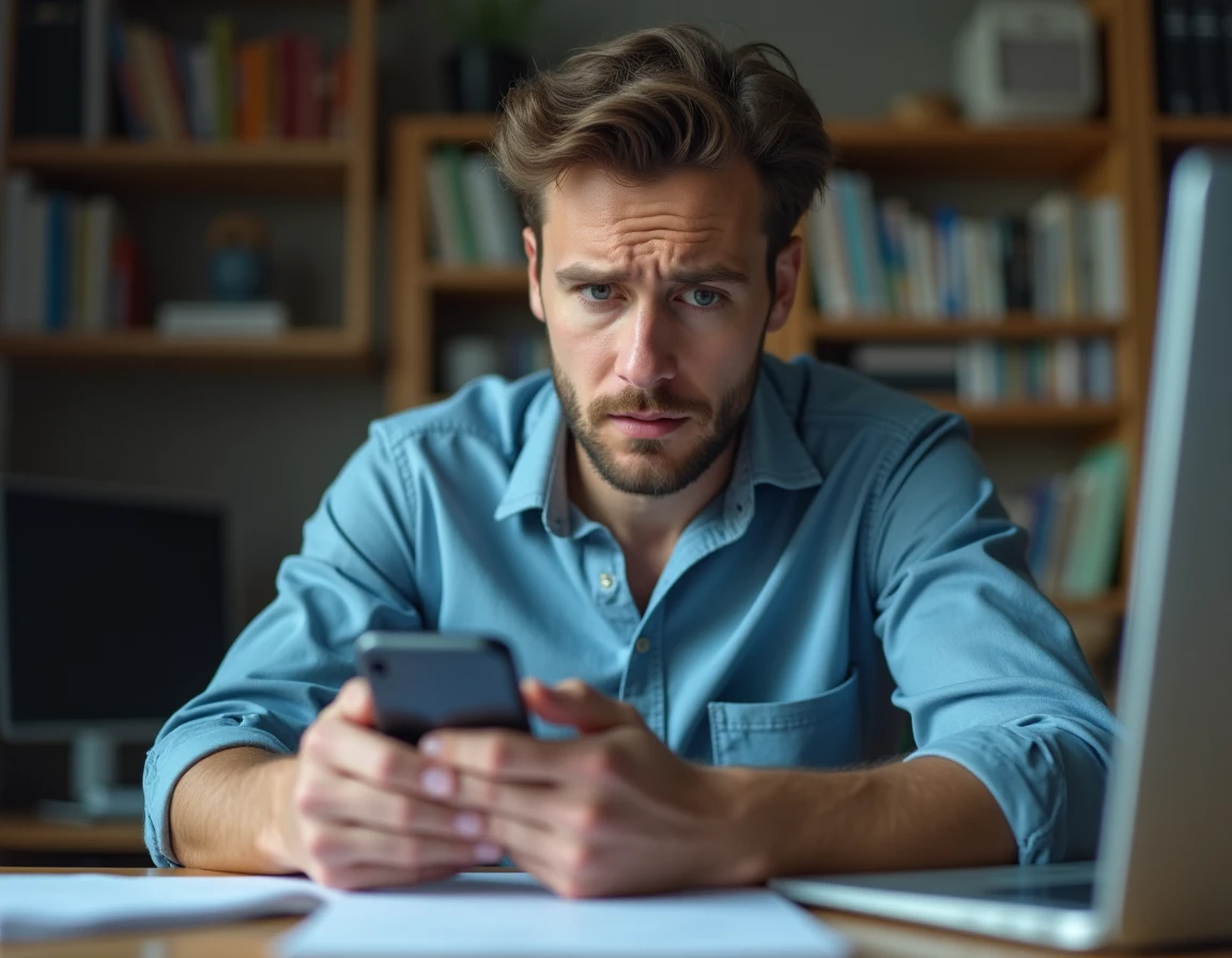 Homme au bureau vérifiant un numéro de téléphone suspect sur son smartphone pour le signaler aux autorités compétentes