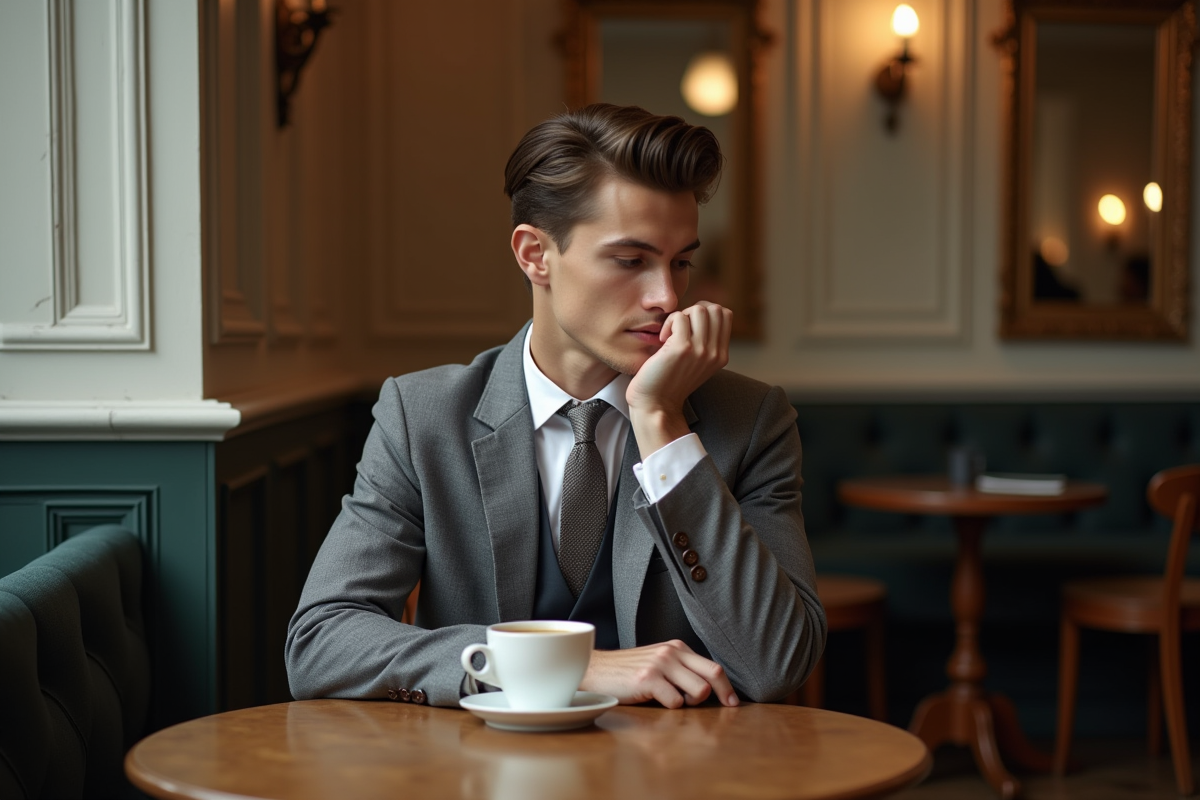 Homme en costume dans un café parisien sophistiqué