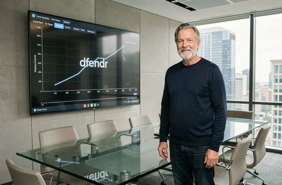 Homme d'affaires présentant des graphiques de tendances numériques avec le mot-clé dfendr en évolution dans une salle de conférence moderne