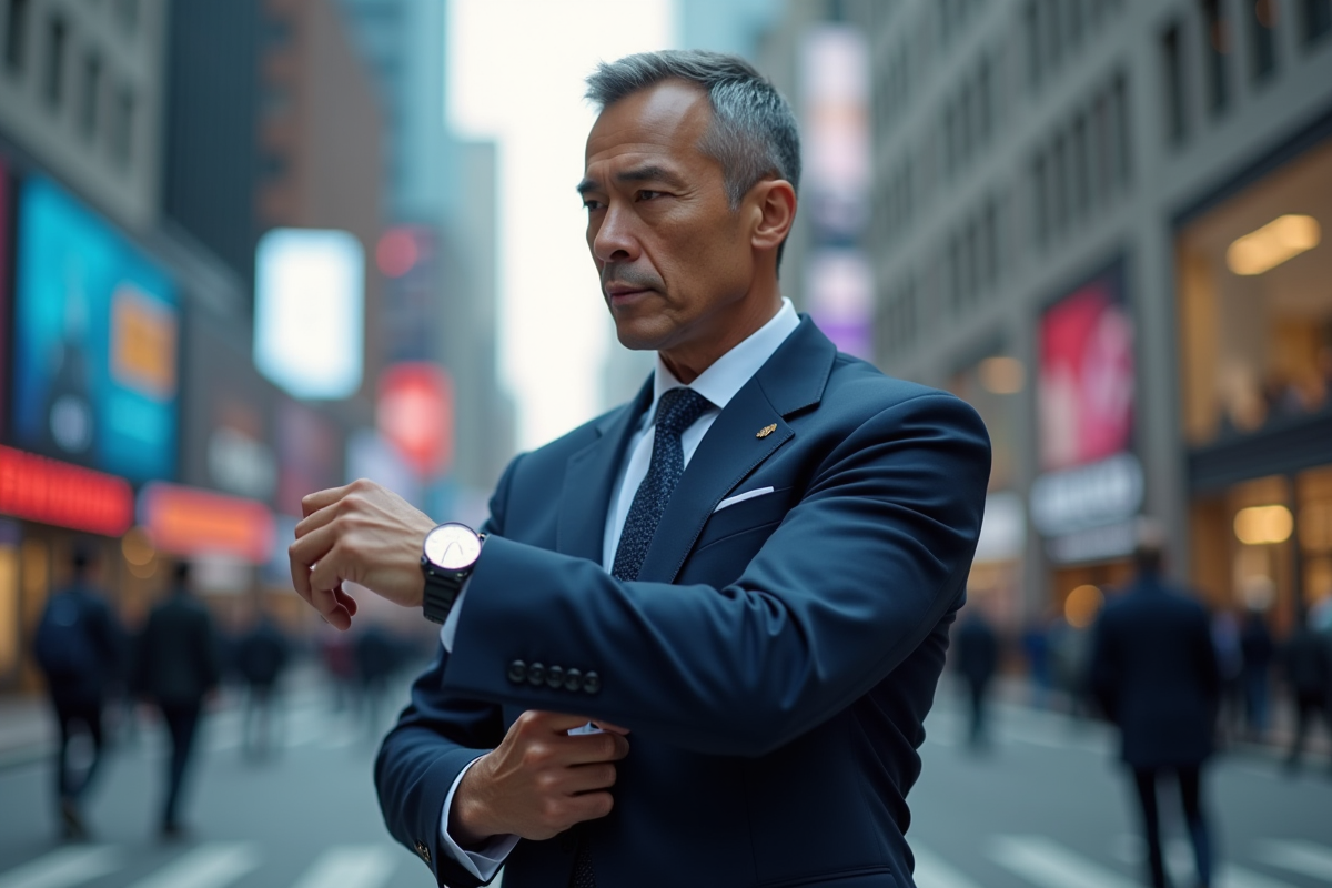 Homme en costume connecté ajustant sa manche urbaine