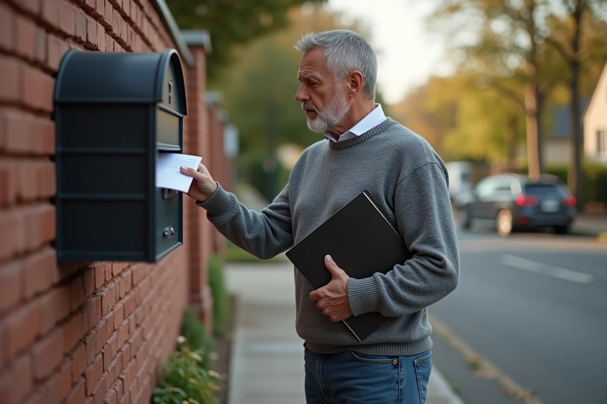 Homme déposé une lettre de démission dans une boîte aux lettres extérieure