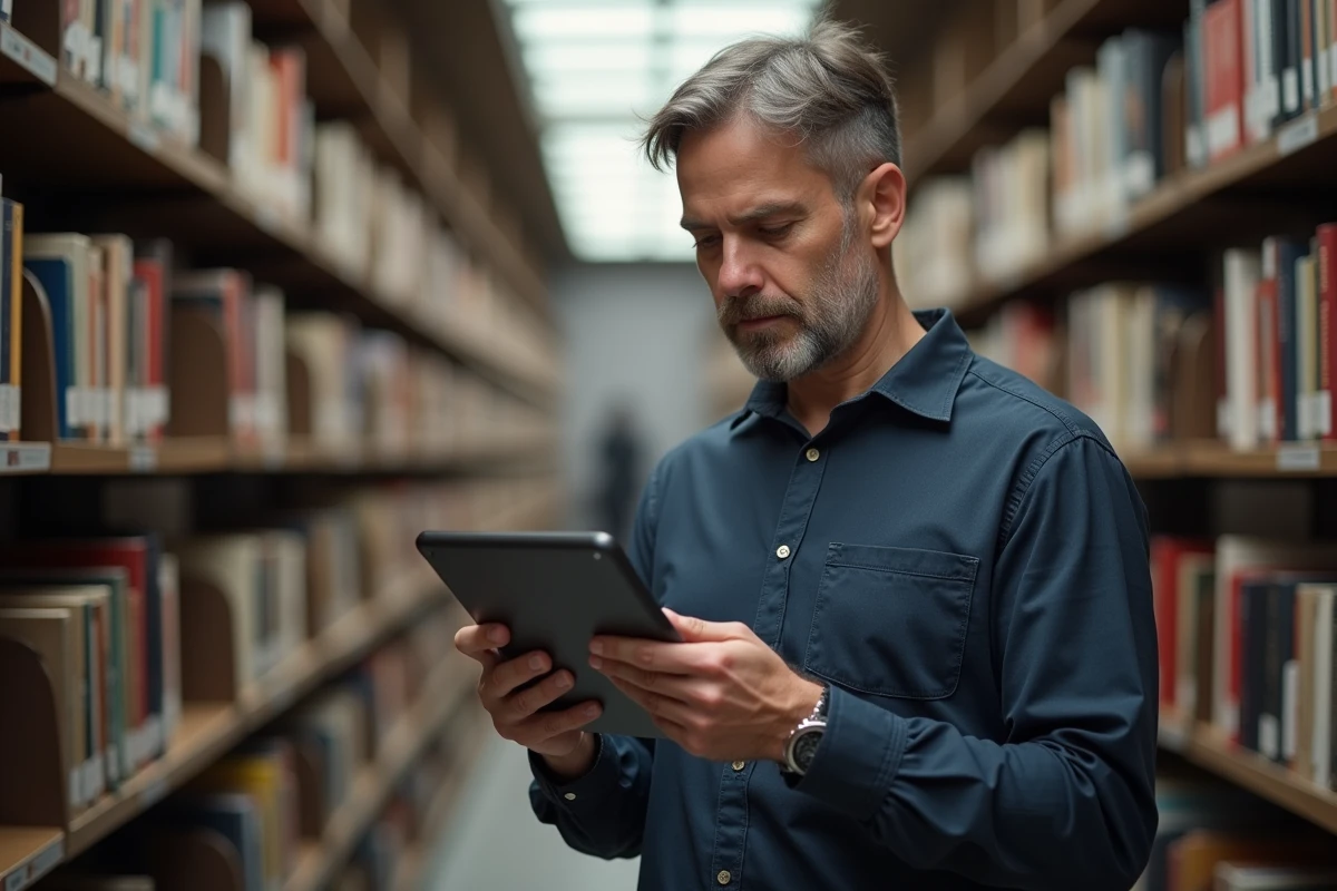 Homme consultant une encyclopédie en ligne sur une tablette dans une bibliothèque publique moderne aux rayonnages remplis de livres