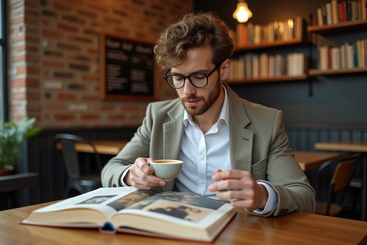 Homme étudiant des reproductions de peintures célèbres dans un café artistique