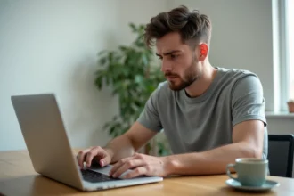 Homme frustré devant un ordinateur portable avec un défilement bloqué à son bureau à domicile