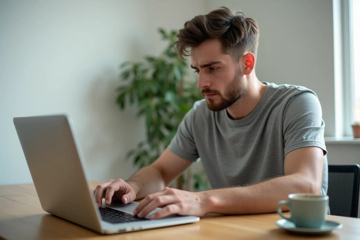 Homme frustré devant un ordinateur portable avec un défilement bloqué à son bureau à domicile