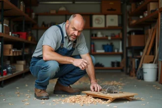 Homme en overalls inspectant une trappe à souris dans un garage
