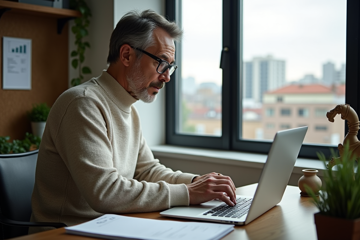Homme d âge moyen travaillant sur son ordinateur dans un bureau urbain