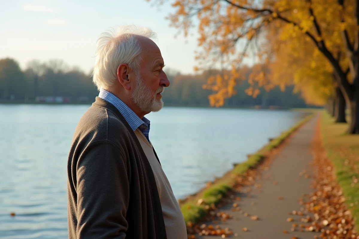 Homme âgé regardant le lac en automne paisible