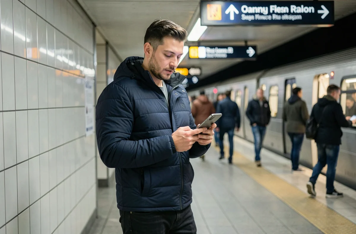 Homme consultant l'application Epsilon Scan sur mobile dans le métro, lecture numérique en déplacement en ville