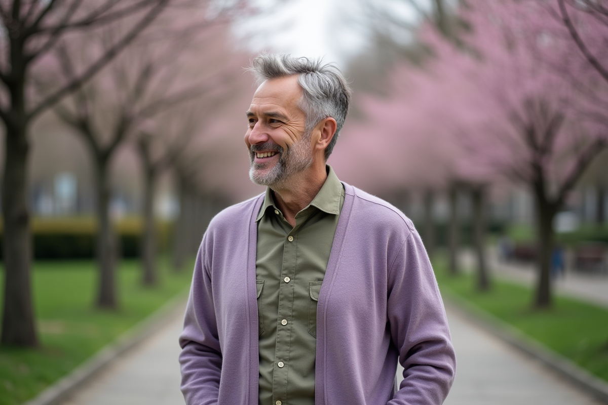 Homme mature souriant dans un parc urbain au printemps