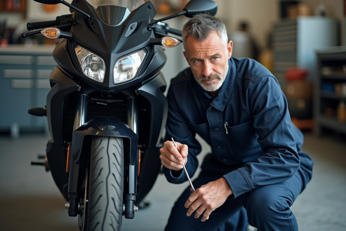 Homme en combinaison navy vérifiant l'huile d'une moto moderne