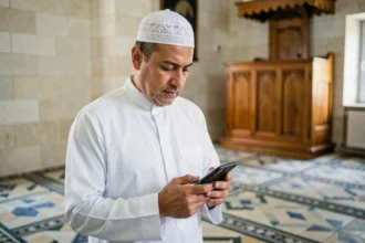 Homme musulman consultant les horaires de prière sur son smartphone dans une mosquée d'Athis-Mons en 2026