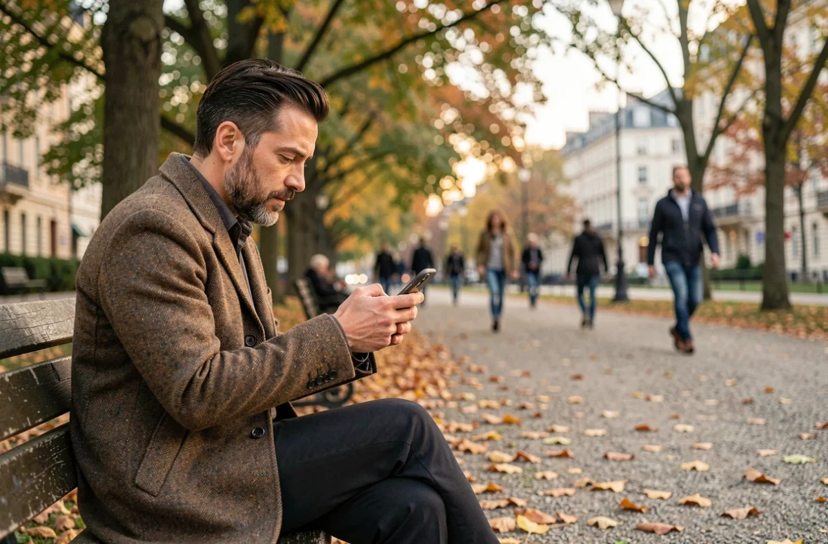 Homme attentif lisant sur son téléphone dans un parc en automne, découvrant le phénomène Waslerdoskuwa