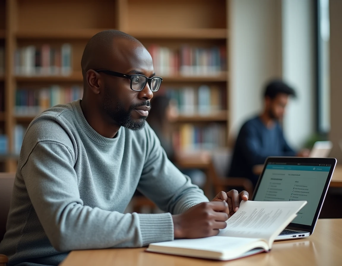 Homme se préparant au test de naturalisation dans une bibliothèque municipale avec un quiz en ligne