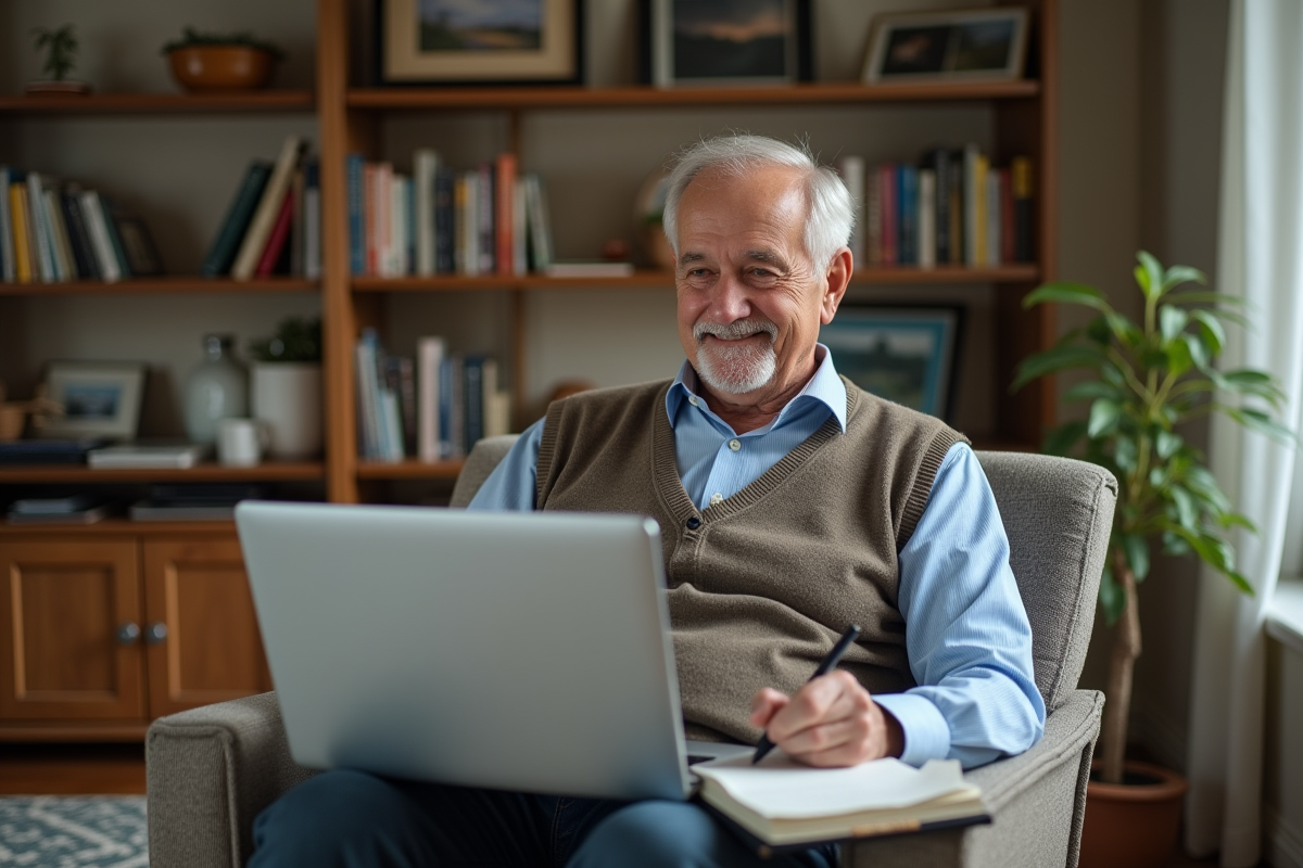 Homme âgé utilisant un ordinateur dans un salon cosy