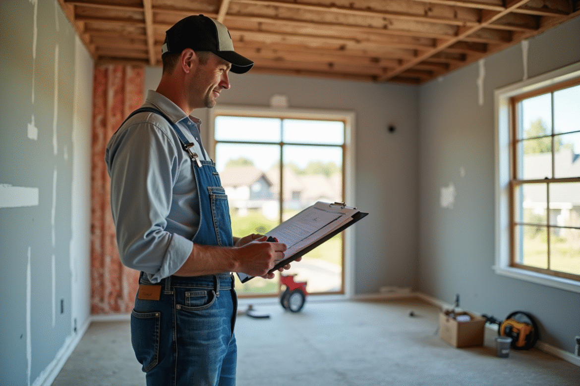 Homme d age moyen examinant des plans de renovation dans un salon