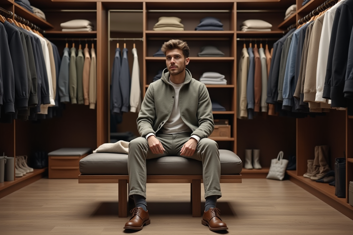 Jeune homme détendu dans un dressing bien rangé