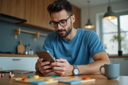 Homme en t-shirt bleu utilisant son smartphone dans une cuisine moderne