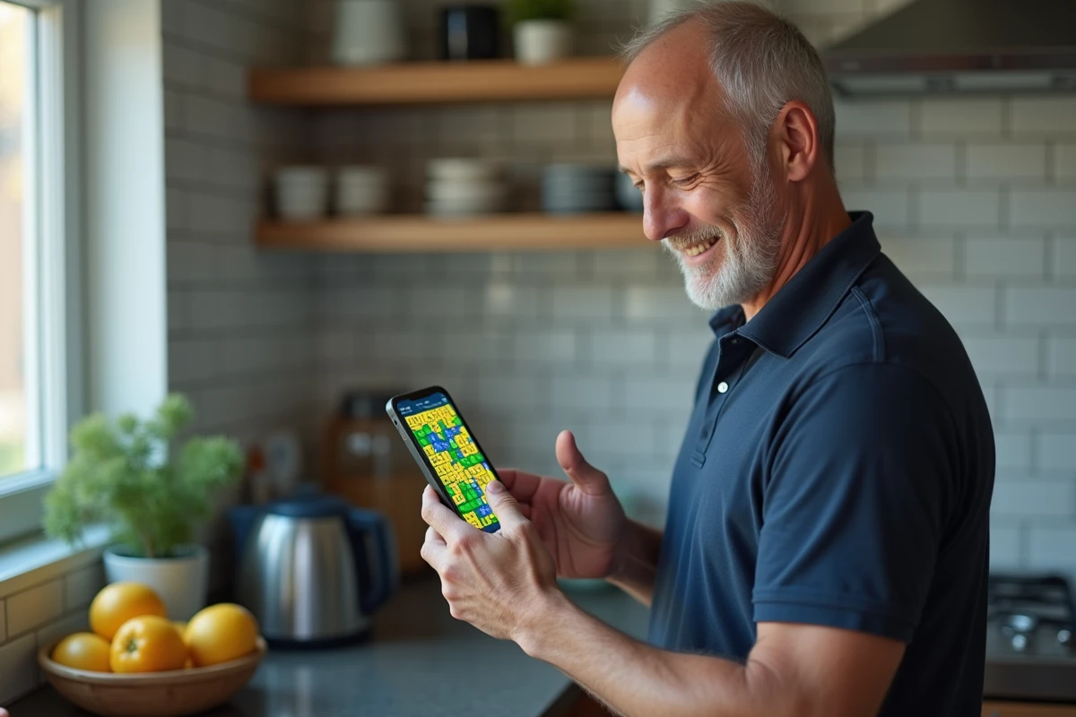 Homme consultant son smartphone pour résoudre le jeu Pédantix dans une cuisine moderne, expression satisfaite