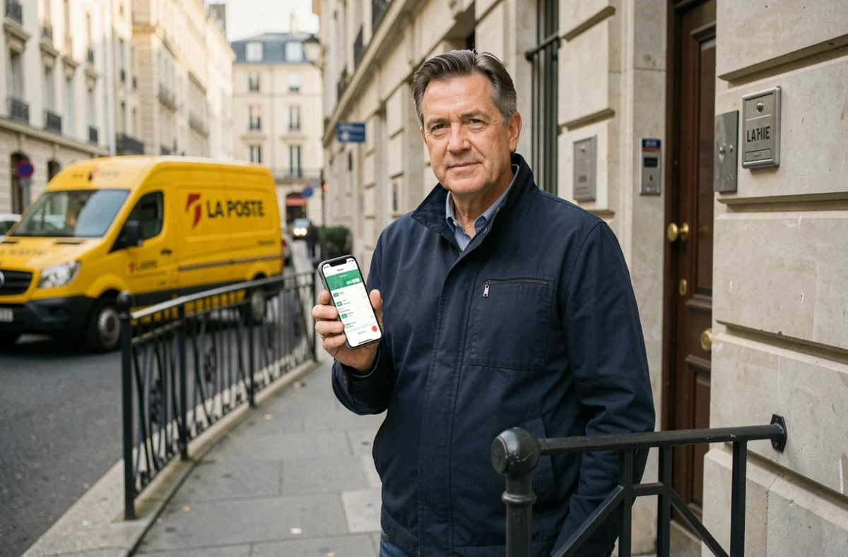 Homme debout devant un immeuble parisien consultant le suivi de livraison La Poste sur son smartphone