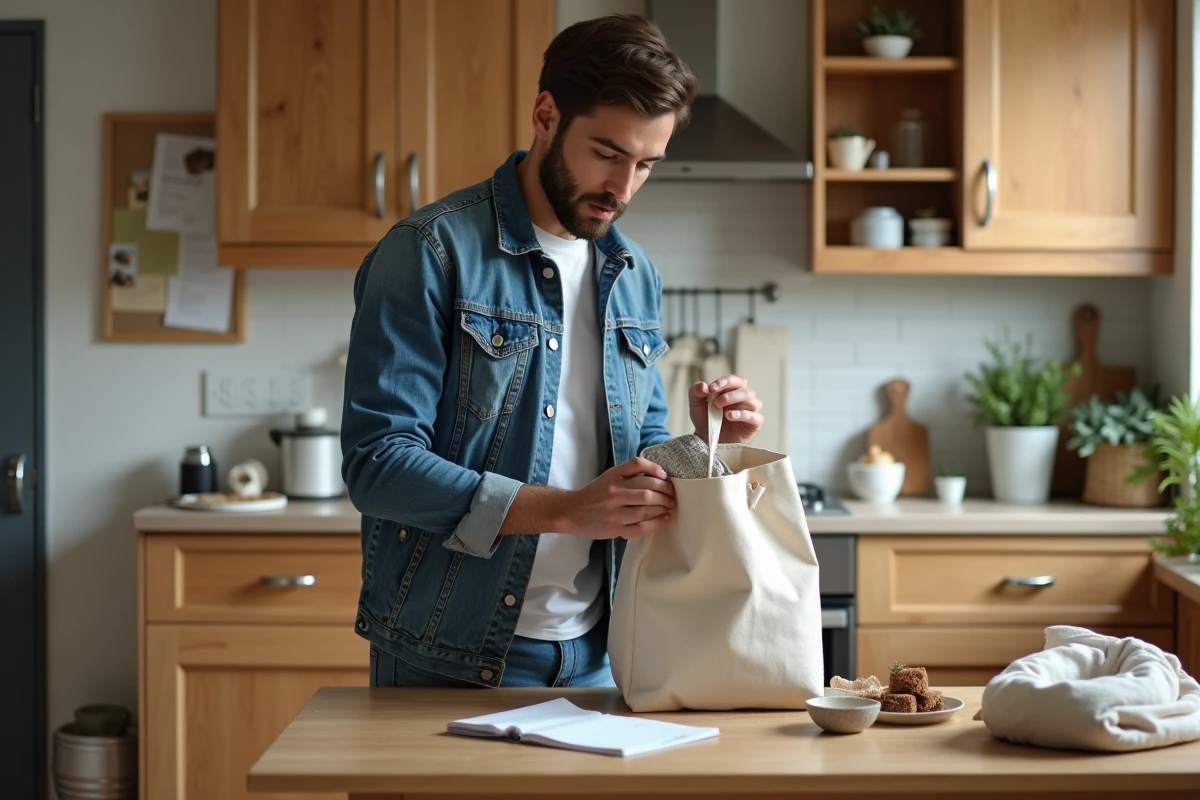Homme en denim organise un marché vintage dans une cuisine chaleureuse