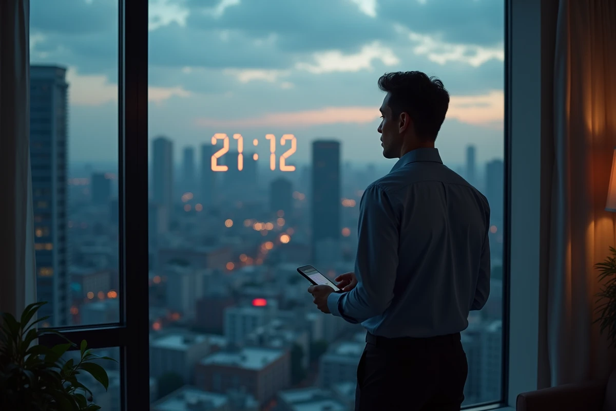 Homme regardant la ville avec horloge 21h12