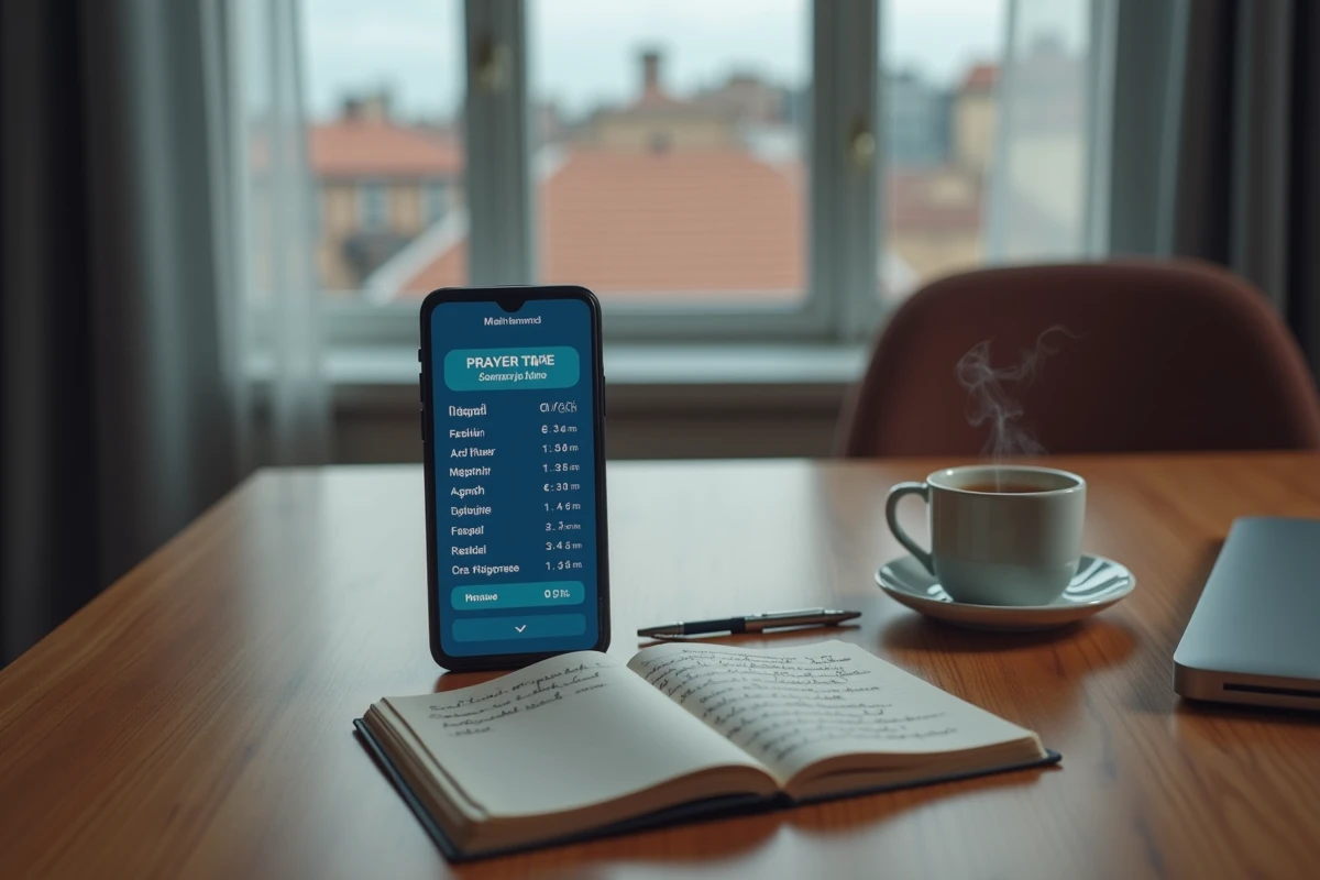 Smartphone affichant les horaires de prière à Toulouse sur une application islamique posé sur un bureau en bois avec un carnet de notes manuscrit