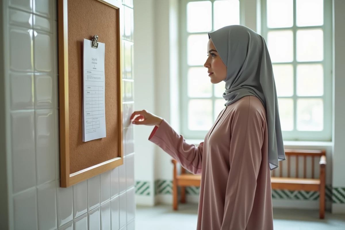Jeune femme voilée consultant un tableau des horaires de prière dans une mosquée à Toulouse, regardant un calendrier imprimé affiché sur un panneau liège