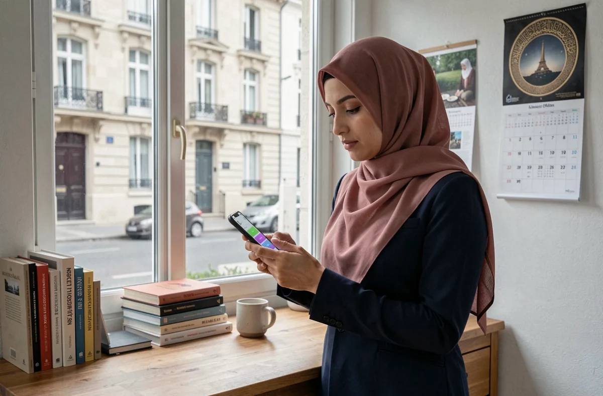 Femme consultant les horaires de prières sur smartphone à Neuilly-sur-Marne
