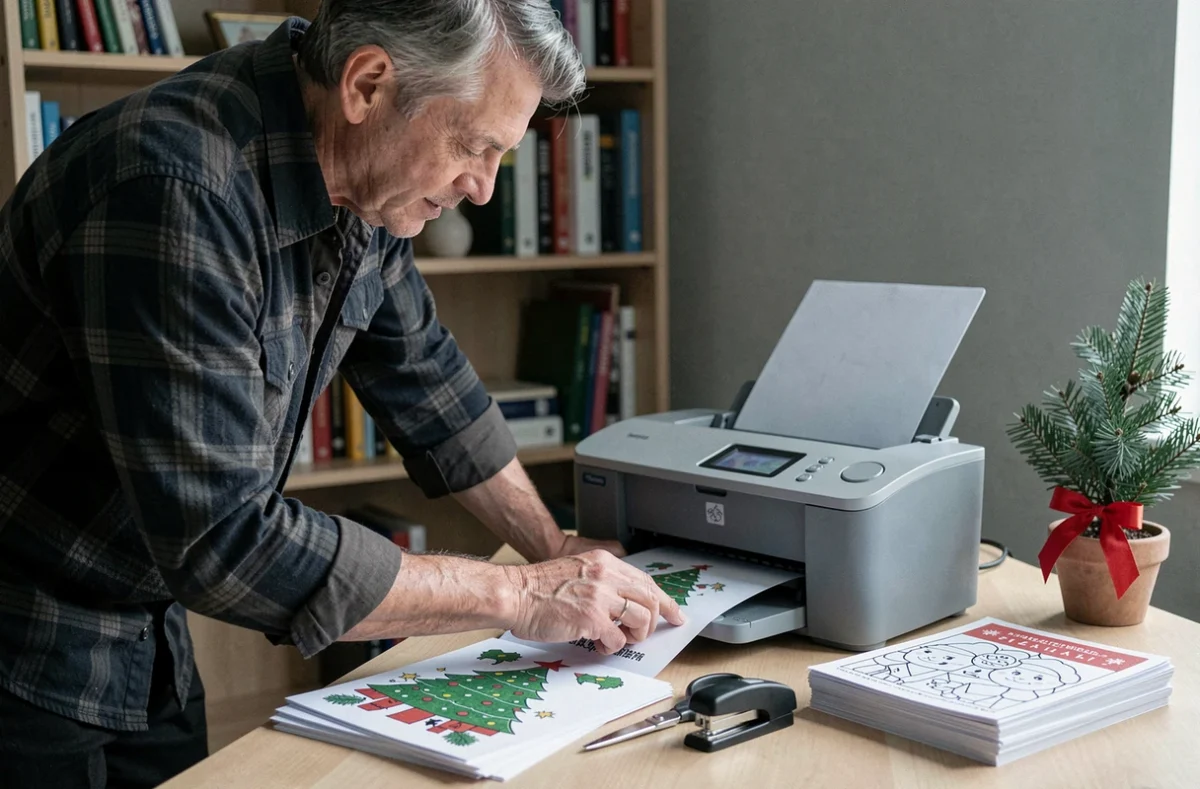 Homme imprimant des dessins de Noël à colorier sur une imprimante à jet d'encre dans un bureau à domicile