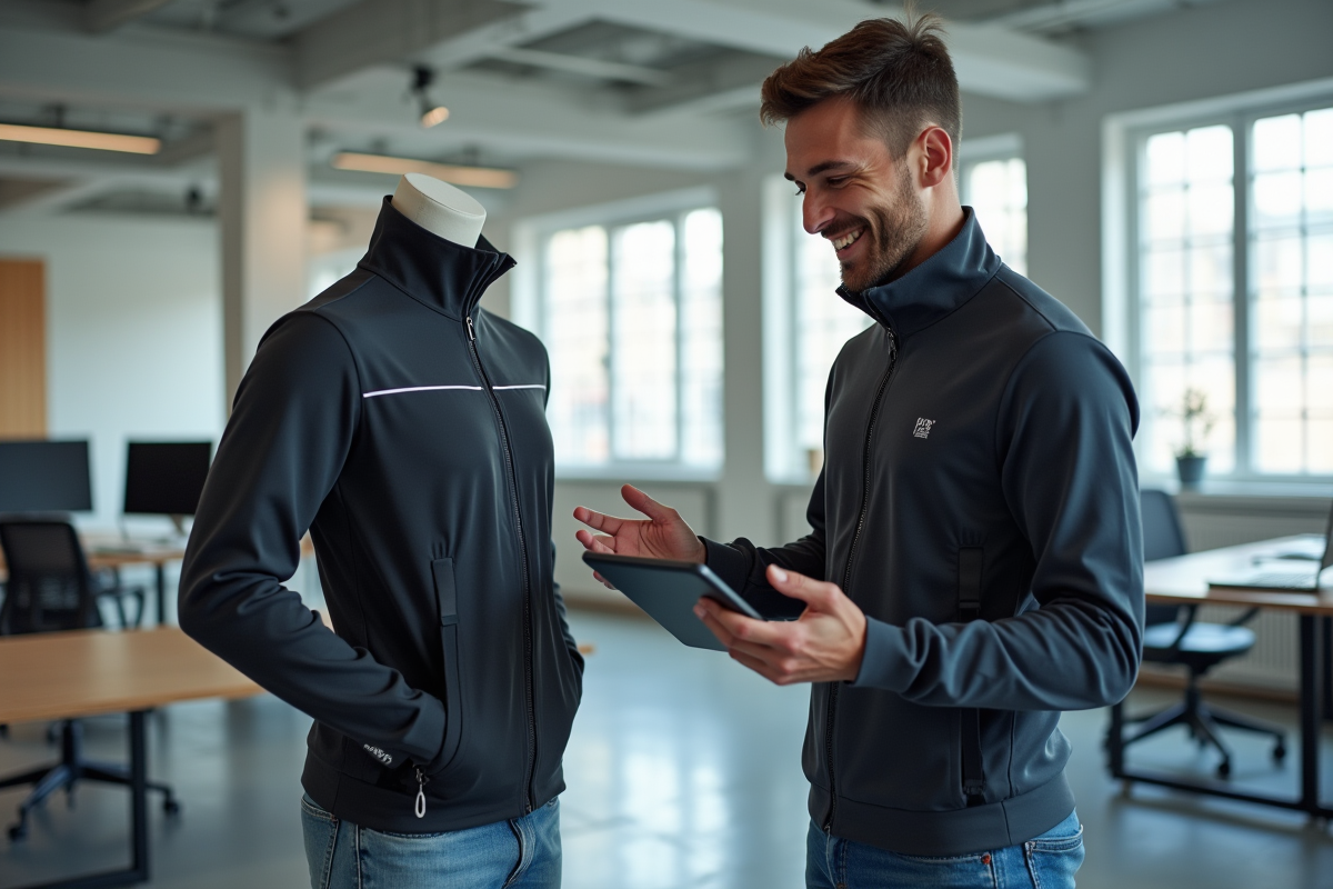 Jeune ingénieur avec vêtement intelligent dans un espace de coworking