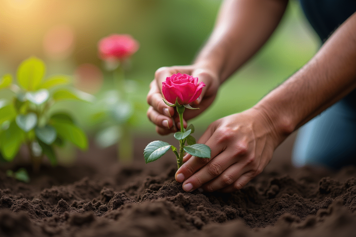 Les mains d'un jardinier plantant une rose dans la terre