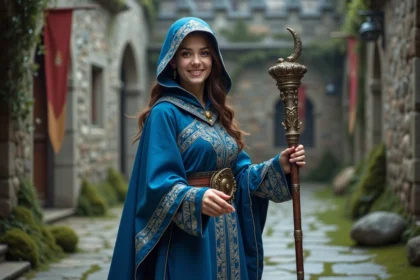 Cosplaye mage dofus en costume elaboré souriante