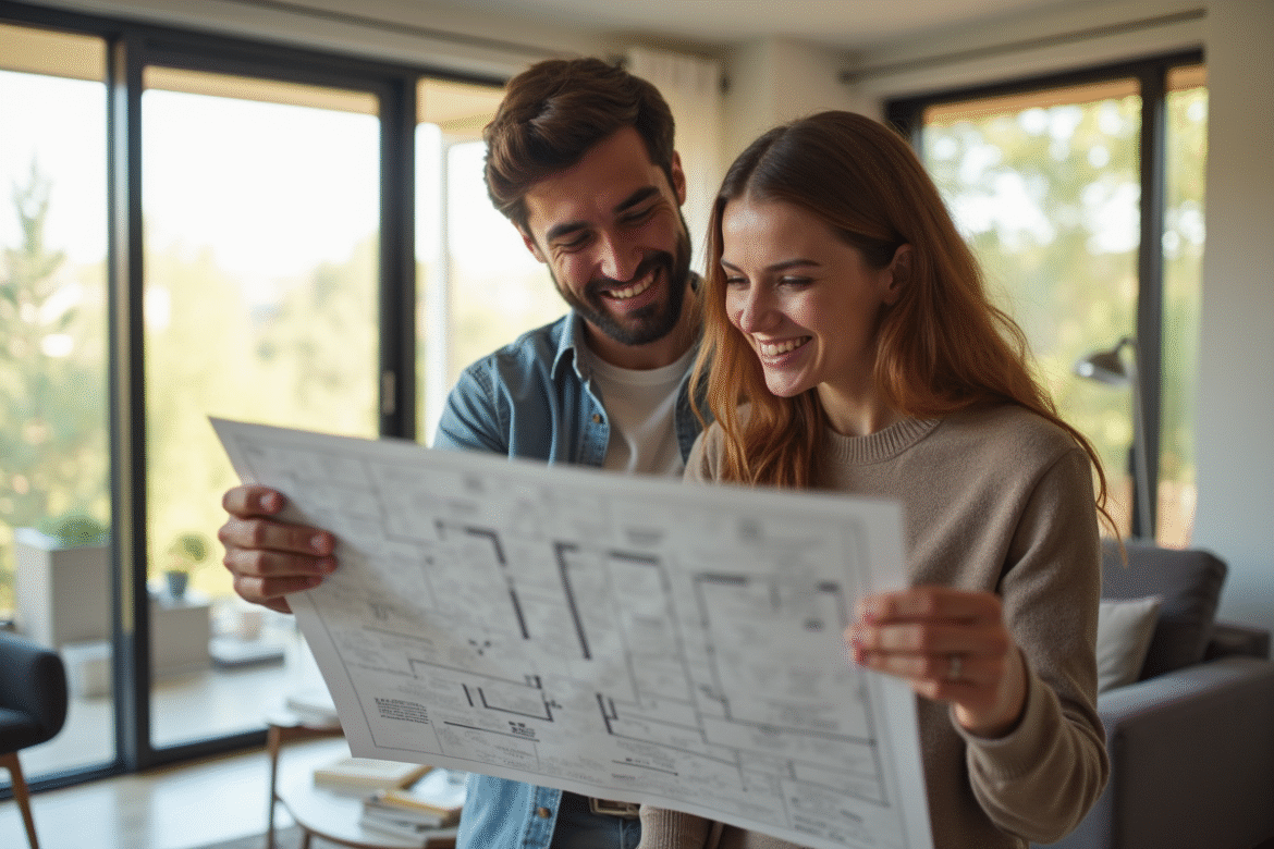 Jeune couple examine un plan dans un appartement lumineux