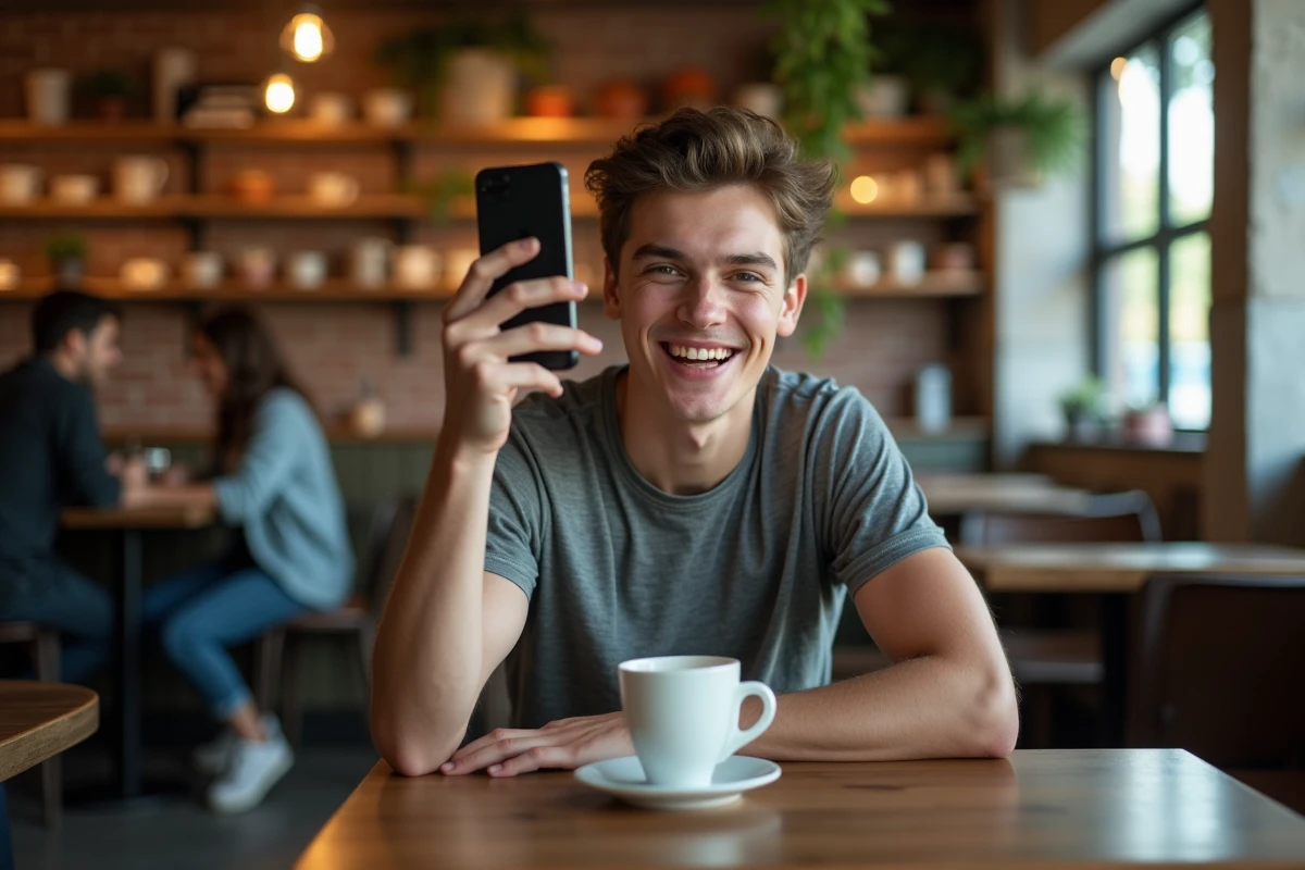 Jeune homme filmant une vidéo courte dans un café branché pour TikTok ou Snapchat, incarnant les nouvelles expressions et codes de communication des jeunes en 2026
